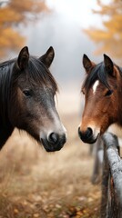 Horses interact peacefully in a misty autumn pasture surrounded by golden foliage