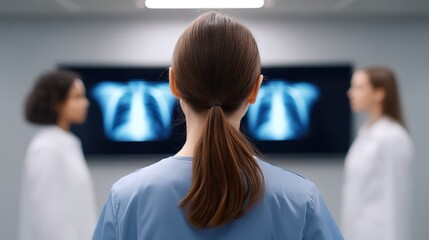 Fototapeta premium A medical professional observes an X-ray image, engaged in discussion with colleagues. The scene highlights teamwork and collaboration in healthcare and diagnosis.