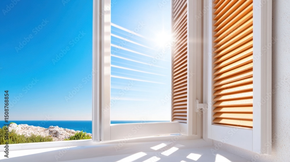 Poster elegant window view with sunlight through slats and clear sky horizon in background