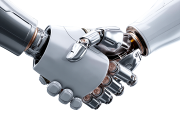 Advanced robots engaged in handshake to signify cooperation