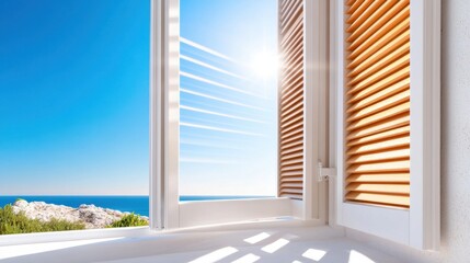 Elegant window view with sunlight through slats and clear sky horizon in background