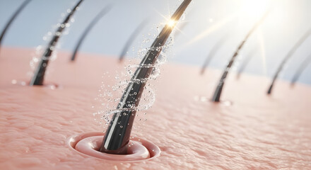3D render of a damaged hair strand being restored inside the follicle, hydration molecules penetrating the scalp, smooth regeneration effect