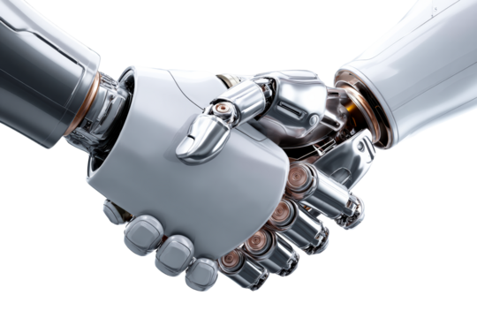 Advanced robots engaged in handshake to signify cooperation