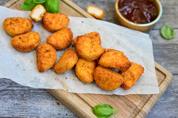 
 Crispy oven baked  chicken nuggets and  barbeque sauce . Breaded chicken fillets  with chilly peppers and fresh basi on wooden rustic background
