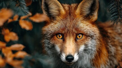 Intense portrait of a red fox, with striking amber eyes in woodland setting