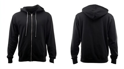 Black hoodie displayed front and back isolated on white background under studio lighting.
