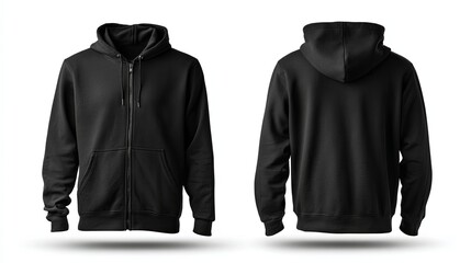 Black hoodie displayed front and back isolated on white background under studio lighting.