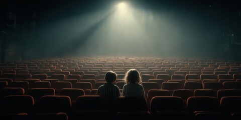 Two children sitting in an empty theater, captivated by a spotlight on the stage during a quiet moment