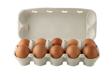 Cardboard carton box with fresh brown chicken eggs isolated on white background.