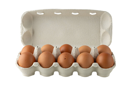 Cardboard carton box with fresh brown chicken eggs isolated on white background.