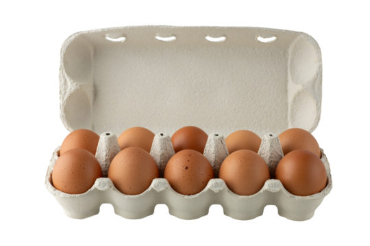 Cardboard carton box with fresh brown chicken eggs isolated on white background.