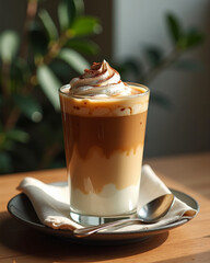 A luscious caramel and cream drink topped with whipped cream and cocoa, served elegantly on a plate with a spoon.