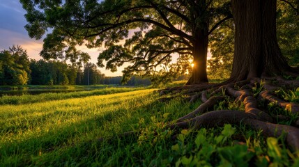 Majestic sunset illuminating lush green grass and tree roots in a tranquil forest landscape