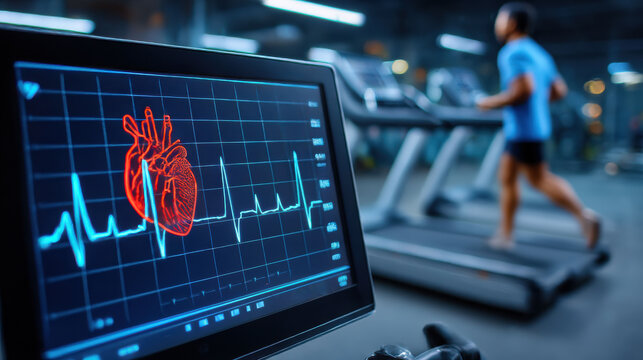 Cardiac rehabilitation concept. Person running on treadmill in gym with heart rate monitor displaying heartbeat graph - Powered by Adobe