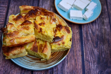 Bakery .Home made  cheese pie  with phyllo pastry, feta cheese  and organic eggs. Bulgarian banitsa