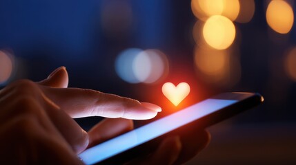 Close-up of a hand using a smartphone at night, displaying a glowing heart icon on screen