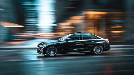 Dynamic side view of a black luxury sedan driving through city streets at night with sleek curves reflecting urban lights and blurred background, symbolizing speed, elegance, and modern lifestyle