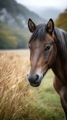 Obraz premium Majestic horse standing gracefully in tall grass under a cloudy sky in a serene natural setting near mountains