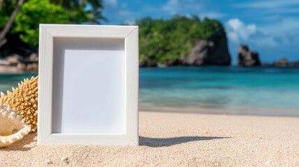 Frame on beach sand with turquoise sea behind, capturing essence of tropical paradise
