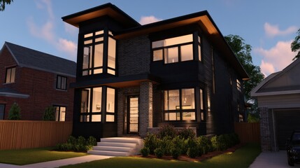 Modern two-story house with large windows and landscaped garden in a suburban neighborhood at dusk