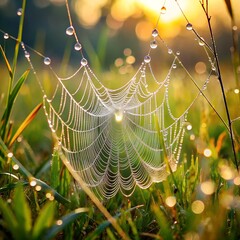Dreamy Soft Focus Dew Covered Spiderweb in Grass