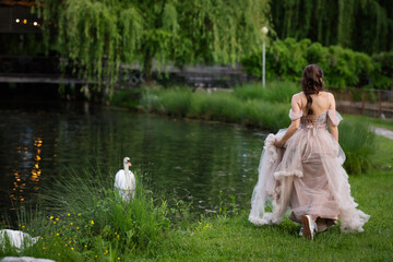 Elegant girl in a pink tulle dress stands by a lake, watching swans at sunset. Romantic evening...