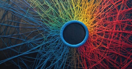 A colorful web of rope, with the central line leading to an empty blue circle, representing interconnectedness.