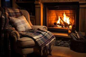 Cozy armchair with blanket beside a warm fireplace in rustic setting.