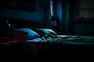 A dimly lit bedroom at night with bed, pillows, and window blinds closed.