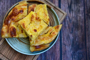 Bakery .Home made  cheese pie  with phyllo pastry, feta cheese  and organic eggs. Bulgarian banitsa