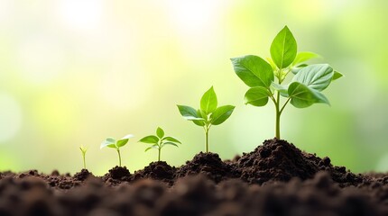Illustration of plant growth stages from seed to mature plant, symbolizing development, success, and natural progression in a life cycle concept.