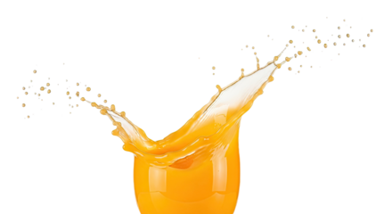 A vibrant splash of fresh orange juice with airborne droplets, creating a dynamic and refreshing visual, isolated on a white background. Ideal for beverage ads.