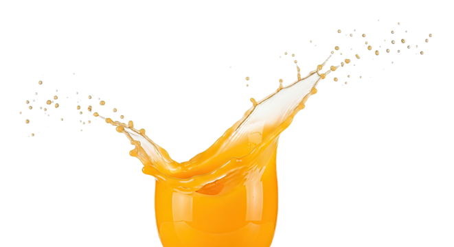 A vibrant splash of fresh orange juice with airborne droplets, creating a dynamic and refreshing visual, isolated on a white background. Ideal for beverage ads.