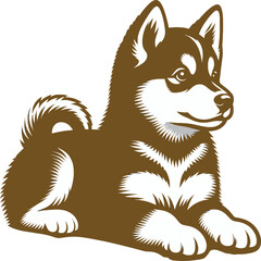 Brown and White Husky Puppy Illustration – Vintage Style Sitting Dog Artwork