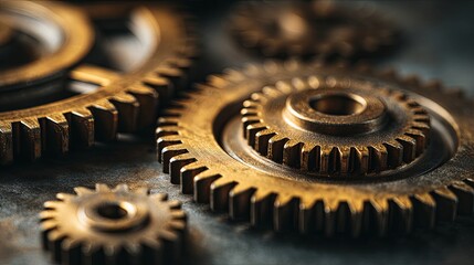 Close-up view of interlocking metal gears with golden sunlight reflections and precise mechanical detailing
