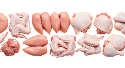 Wide panoramic banner displaying various fresh raw chicken portions like breast, thighs, and wings, neatly arranged on a white background. Ideal for butcher shops or recipes.