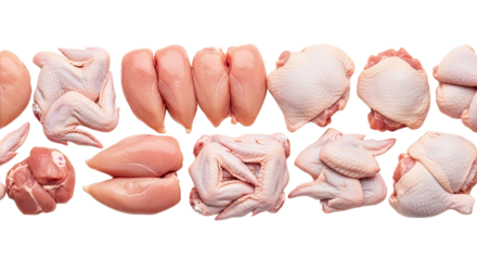 Wide panoramic banner displaying various fresh raw chicken portions like breast, thighs, and wings, neatly arranged on a white background. Ideal for butcher shops or recipes.