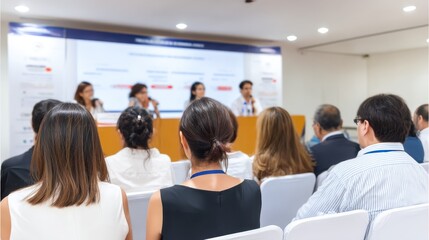 A professional business panel discussion with engaged audience members listening attentively