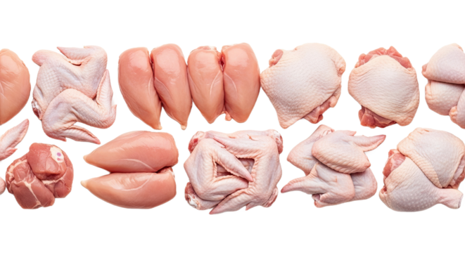 Wide panoramic banner displaying various fresh raw chicken portions like breast, thighs, and wings, neatly arranged on a white background. Ideal for butcher shops or recipes.