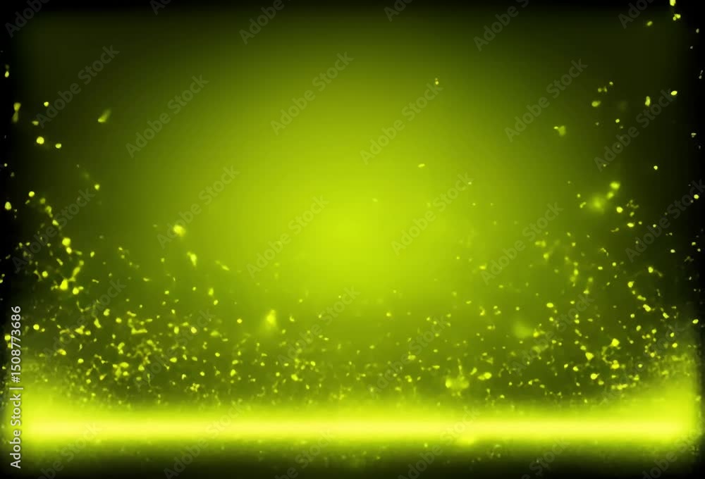 Poster glowing yellow particles floating in dark green background, illuminated horizontal line at the botto