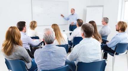 Obraz premium A professional meeting taking place in a bright conference room. A speaker engages an audience with insightful ideas and strategies, fostering teamwork and collaboration.