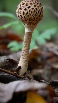 Solitary elegant dapperling mushroom growing among forest floor leaves with unique honeycomb pattern on cap, natural light, and soft focus on an autumn day.