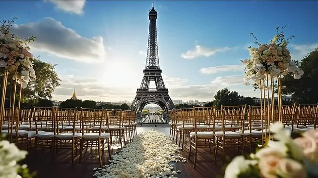Romantic wedding setup with floral decorations and chairs, Eiffel Tower in the background at sunset
