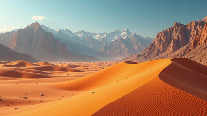 Vast orange desert with rippling dunes and towering peaks in the distance.