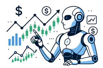 Artificial Intelligence Robot Trader Analyzing Financial Market Data Charts Candlestick Graphs Investment Analysis Technology Vector Illustration