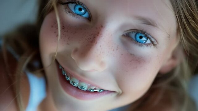 A closeup portrait of a cute little girl with braces on teeth