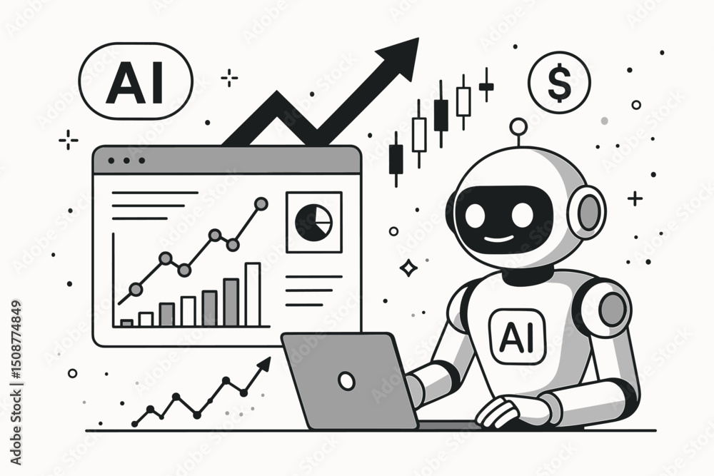 Poster modern ai trading robot analyzing financial data charts and market trends vector illustration for in