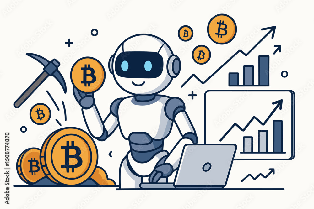 Poster cute ai robot trading bitcoin cryptocurrency coins with laptop computer charts analytics growth arro