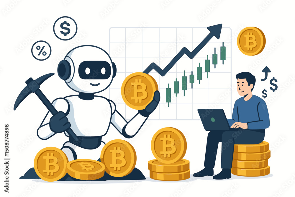 Poster smart ai robot mining bitcoin cryptocurrency while investor trading on laptop - automated digital fi