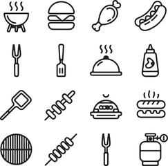 Fototapeta premium BBQ Icons Set, Food, Skewer, Burger, Hotdog, Gas Cylinder, Isolated on Transparent Background
